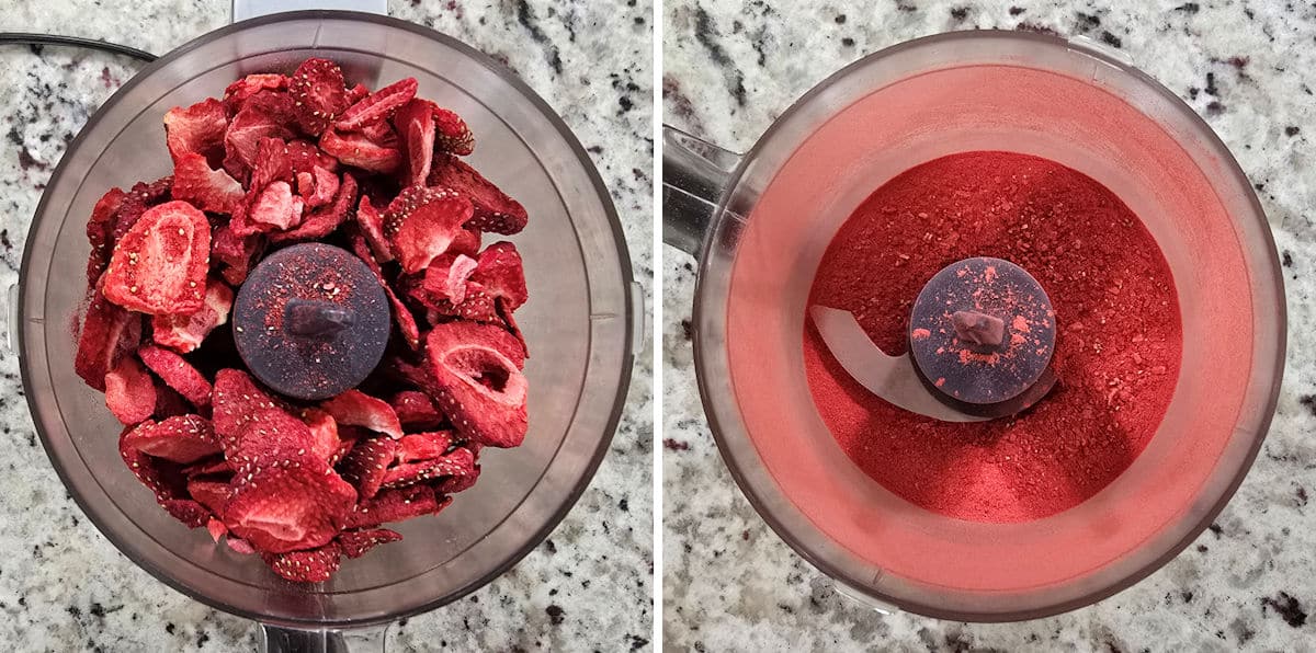 Processing freeze-dried strawberries to make strawberry powder.