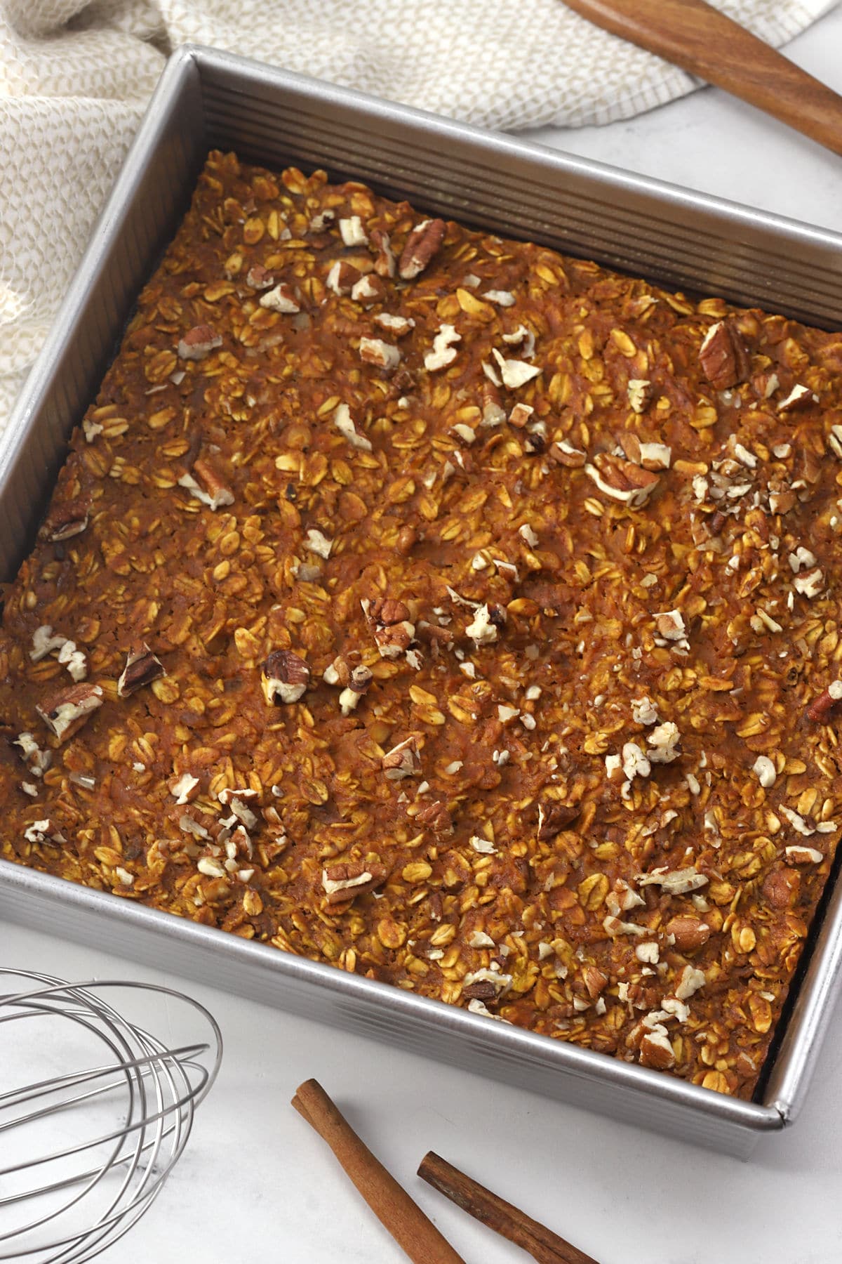 A pan of pumpkin baked oatmeal ready to serve.