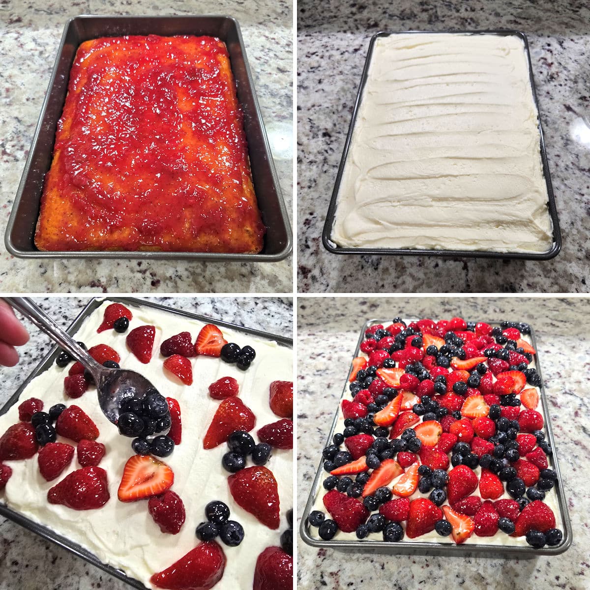 Assembling Chantilly sheet cake.