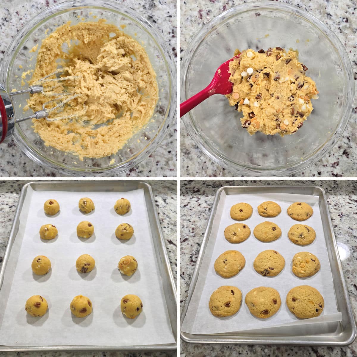 Mixing cookie dough in a bowl, then portioning dough onto a sheet pan.