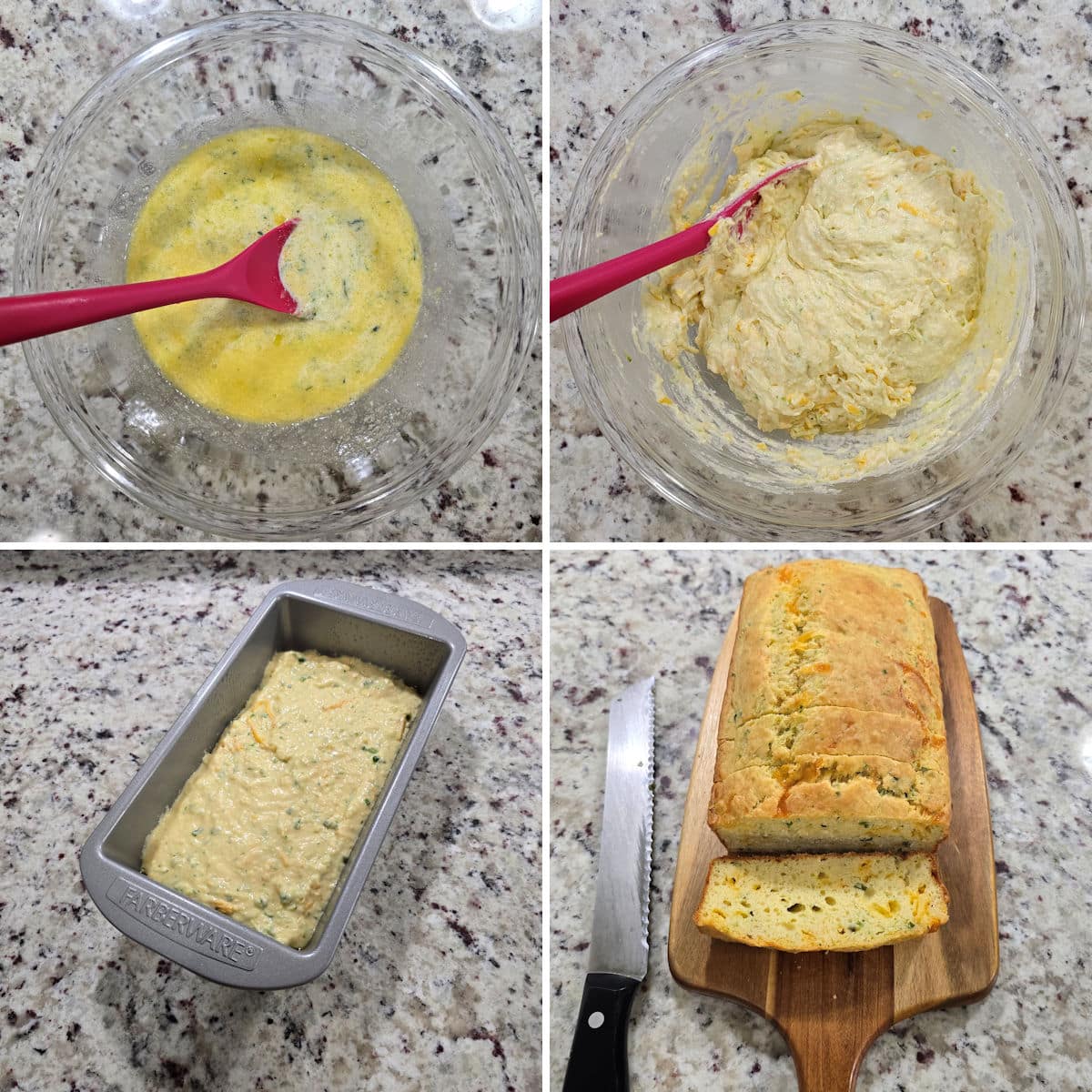 Mixing zucchini bread batter in a glass bowl, then baking in a loaf pan and slicing with a serrated knife.