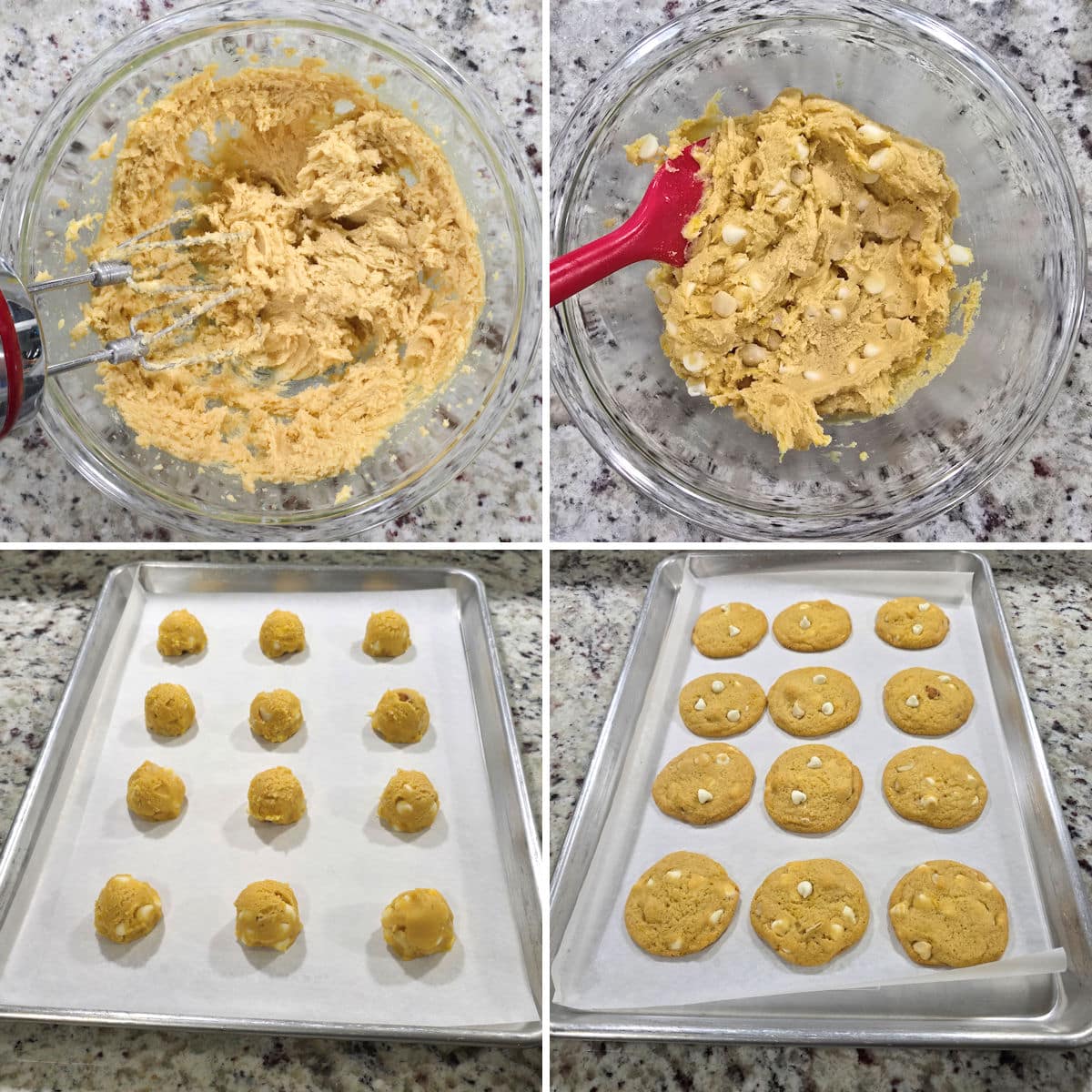 Mixing cookie dough in a bowl, then portioning dough onto a sheet pan.