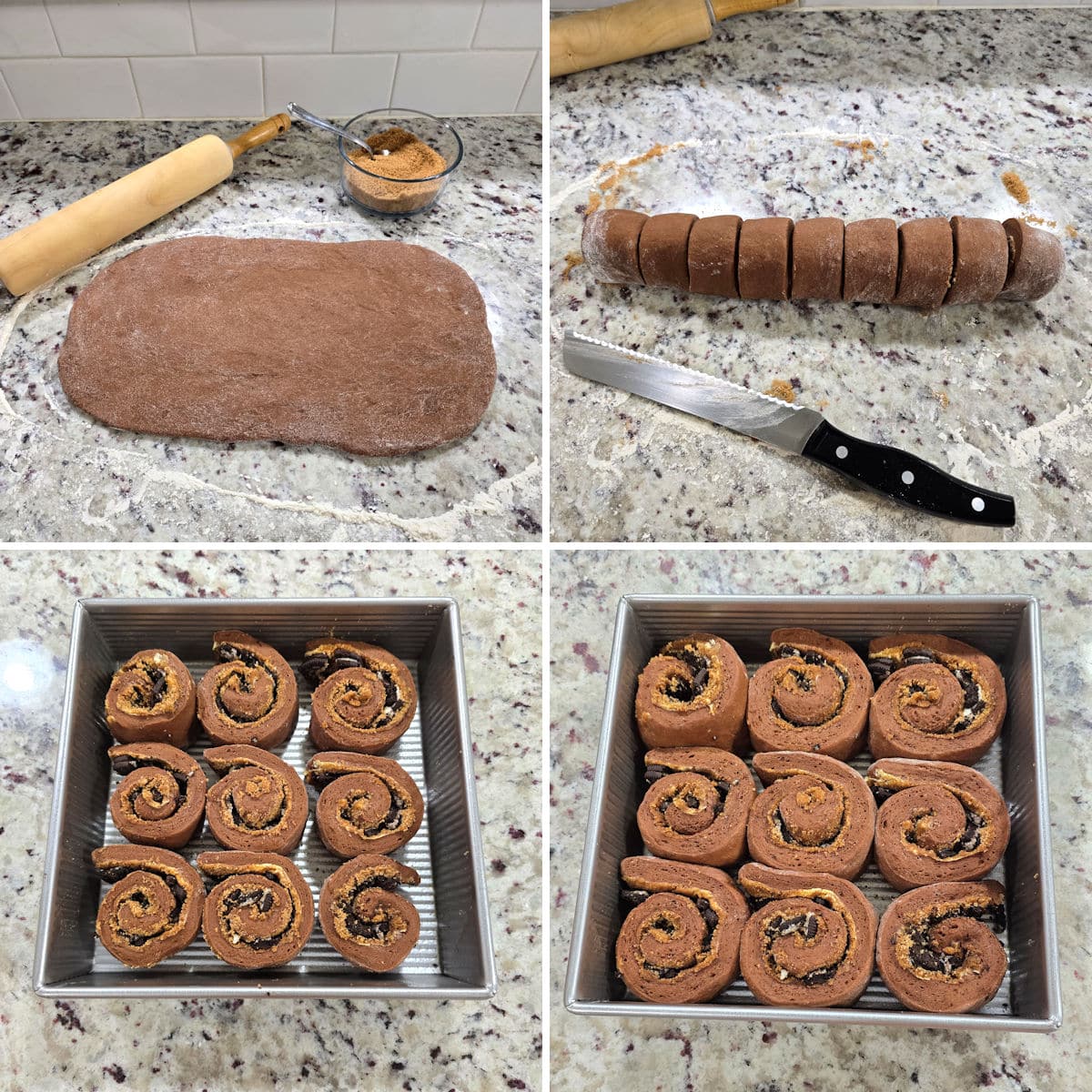 Assembling cookies and cream cinnamon rolls.