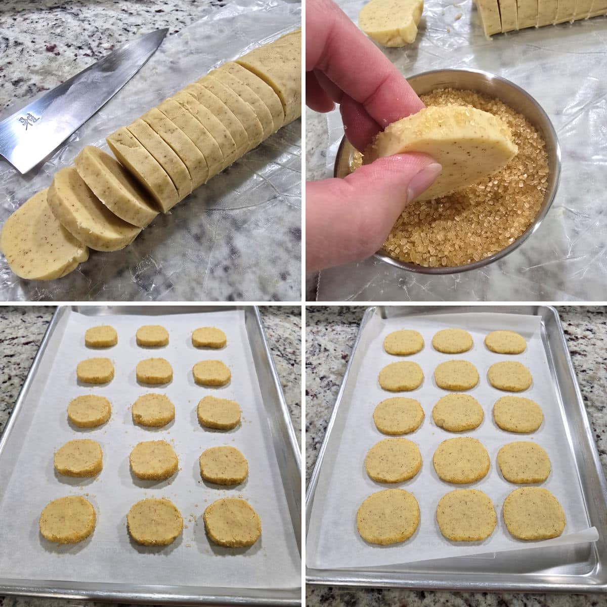 Slicing and rolling heidesand dough in sugar before baking on a cookie sheet.