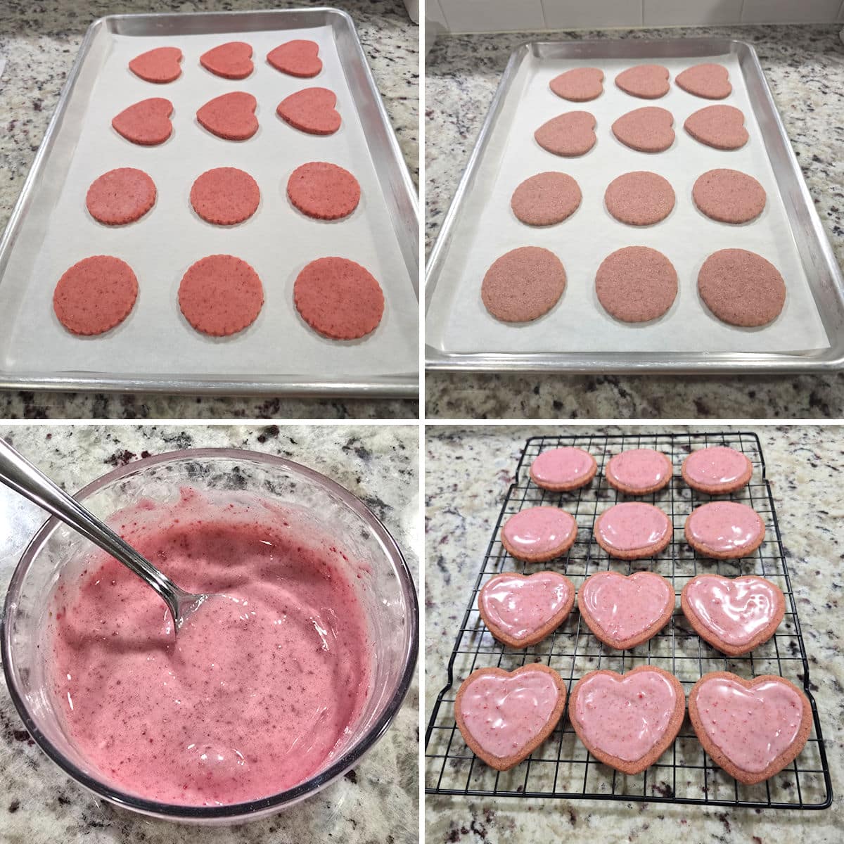Baking and icing strawberry shortbread cookies.
