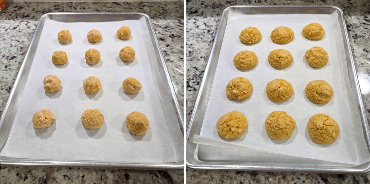 Baking pumpkin sugar cookies on a metal sheet pan.
