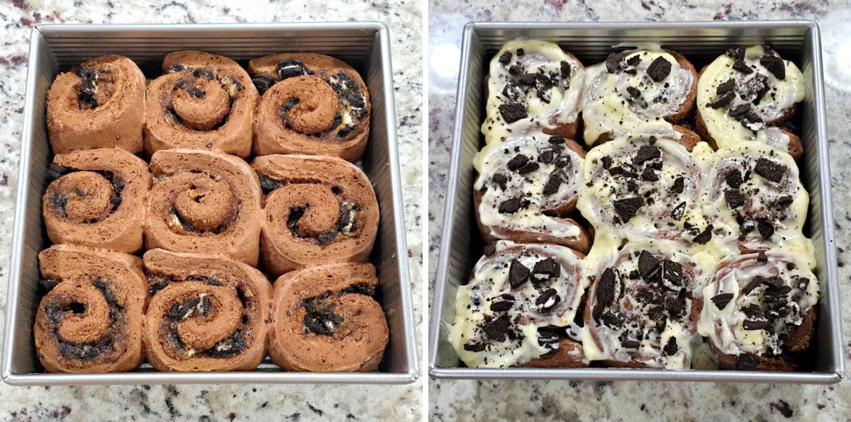 Before and after photos of cookies and cream cinnamon rolls after baking.