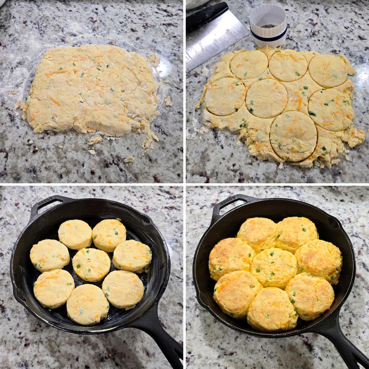 Cutting biscuits from dough and baking in a cast iron pan.