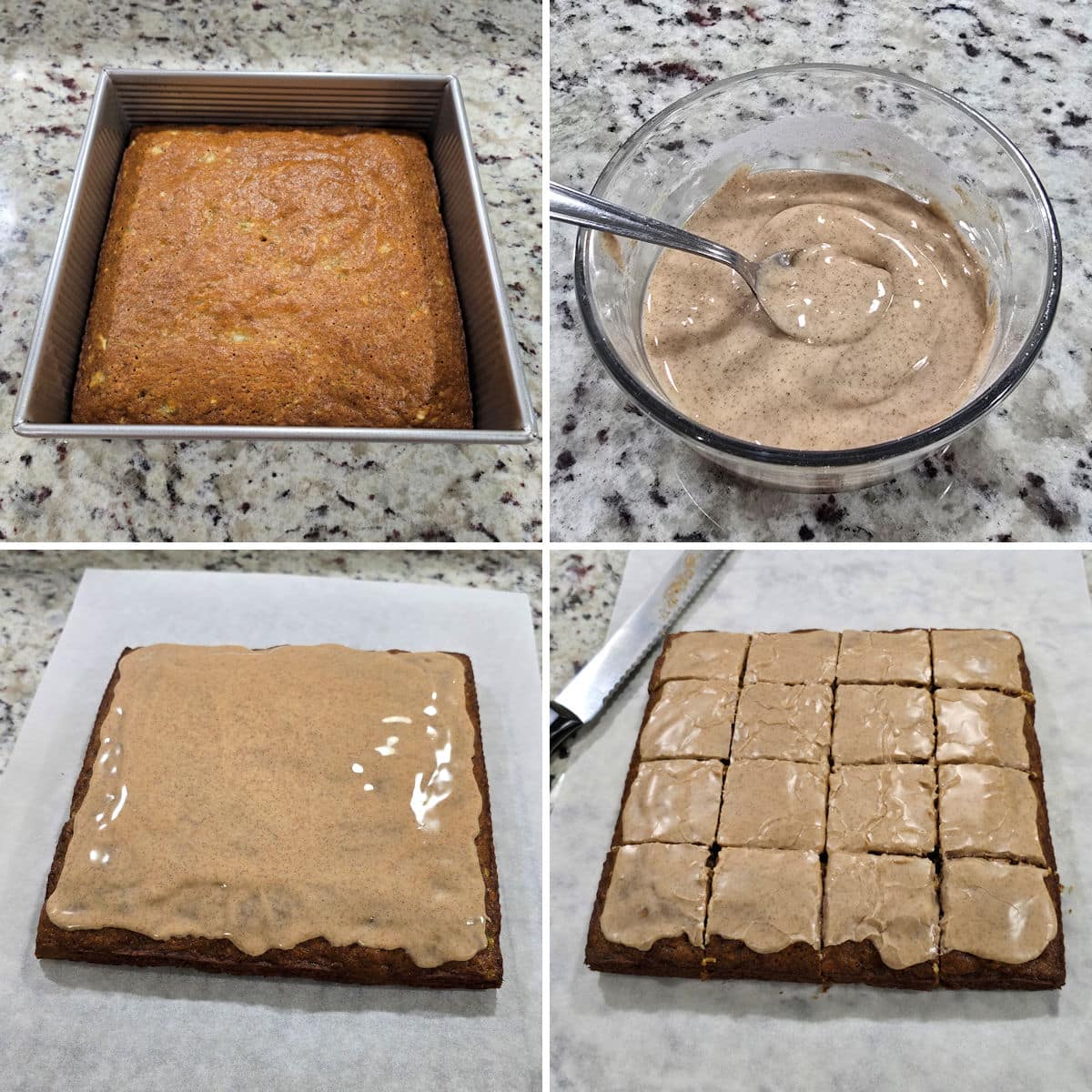 Baking and icing zucchini banana bread bars.