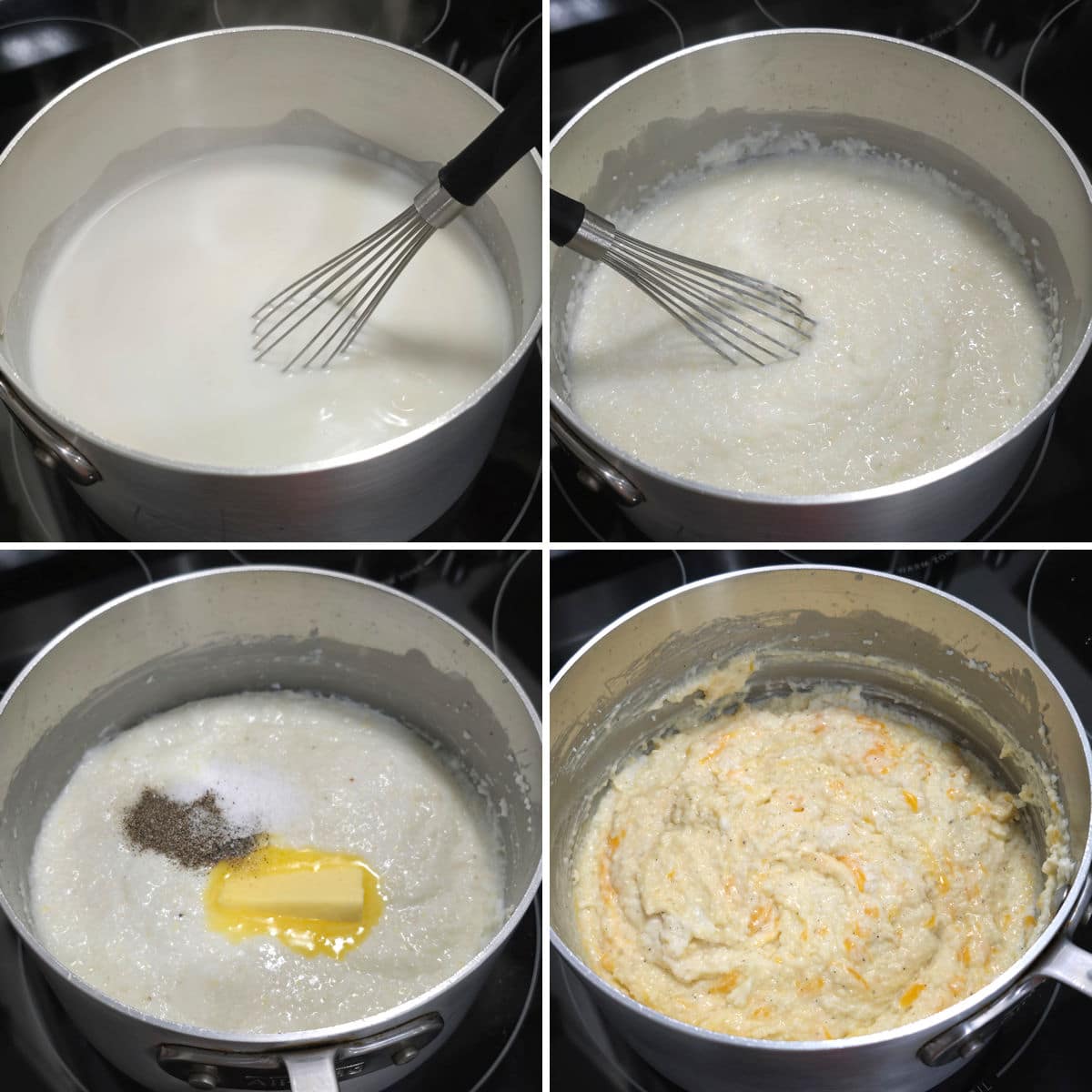 Making cheesy grits in a saucepan on the stovetop.