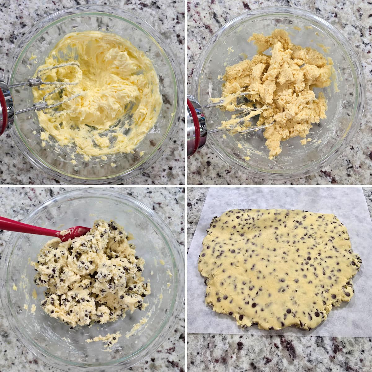 Mixing chocolate chip shortbread dough in a glass bowl.