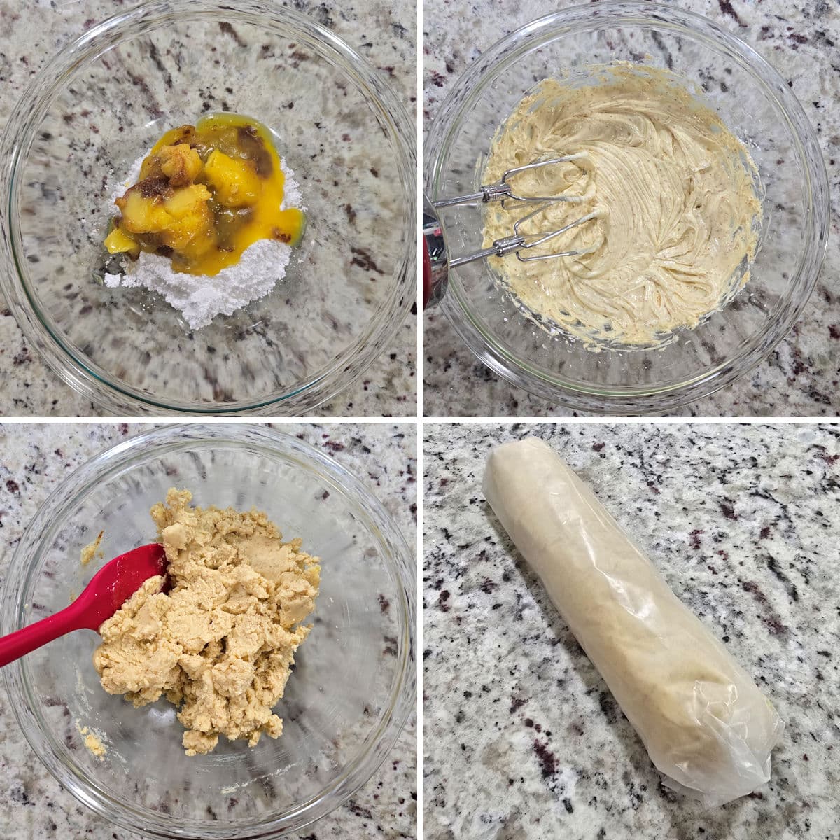 Mixing heidesand cookie dough in a glass bowl.
