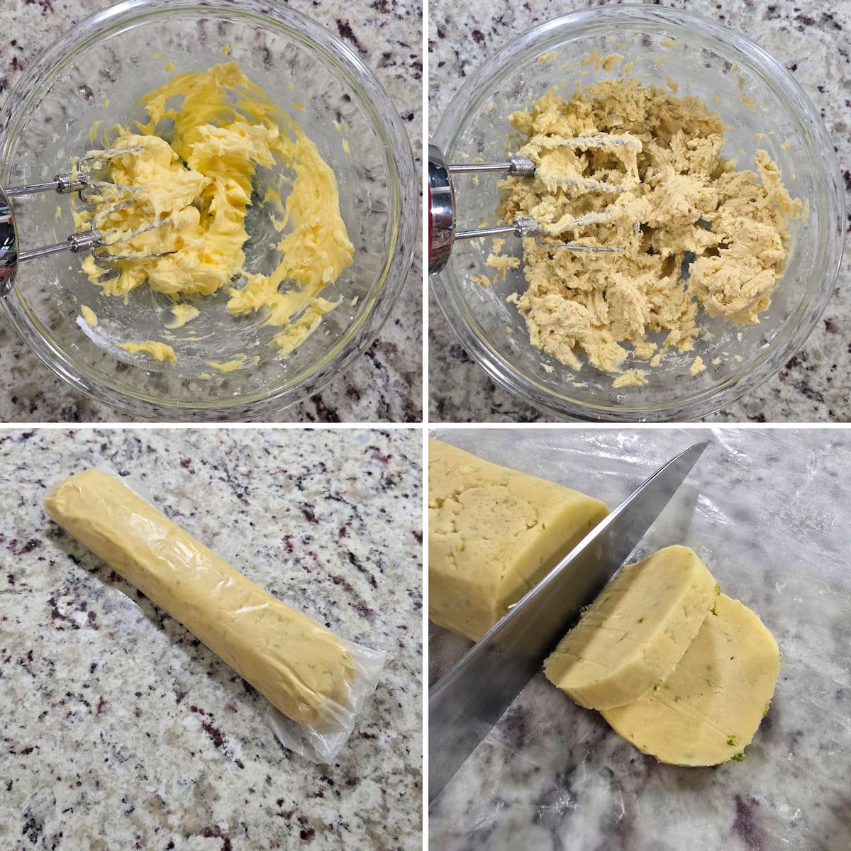 Mixing, rolling, and slicing lime shortbread cookie dough.