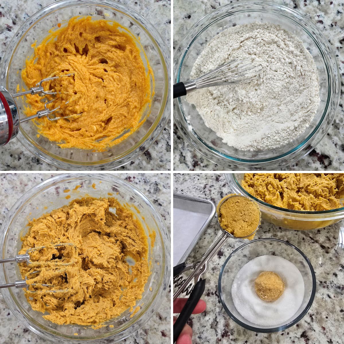Making pumpkin sugar cookie dough in a glass bowl and rolling dough balls in sugar.
