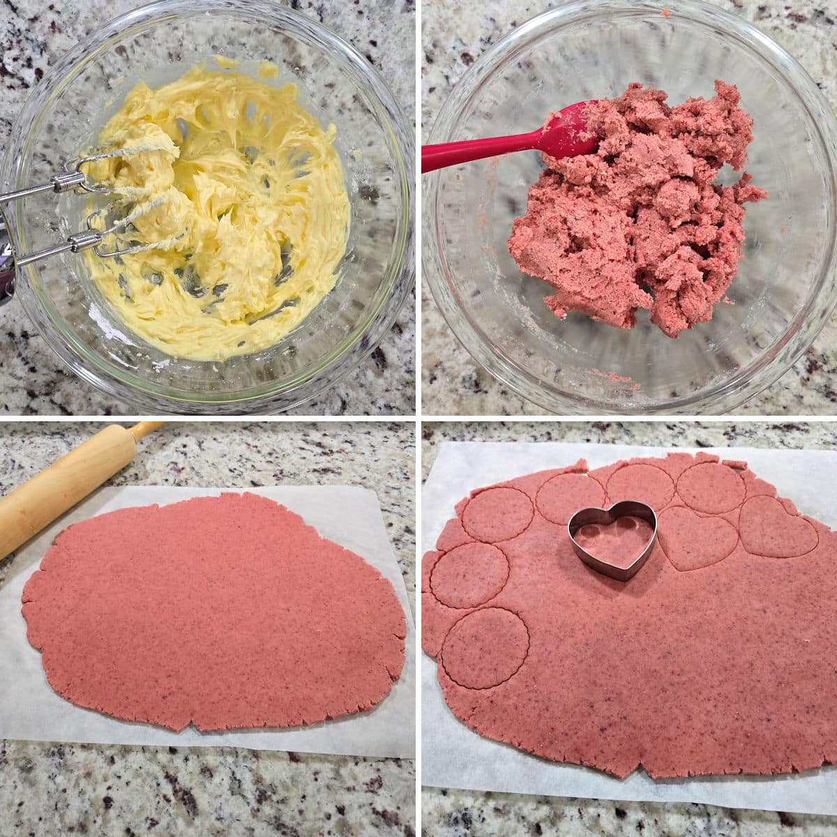 Mixing, rolling, and using cookie cutters on strawberry shortbread cookie dough.