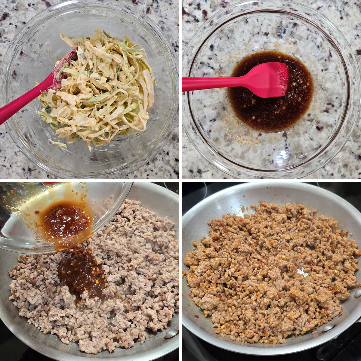 Making slaw and Thai pork taco meat in a skillet.