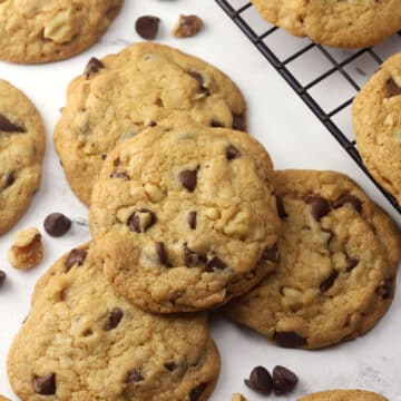 Chocolate chip cookies on a counter.