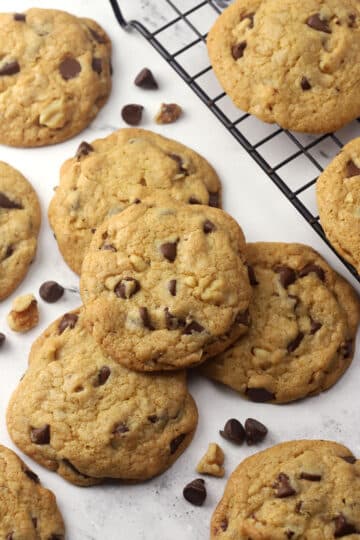 Chocolate chip cookies on a counter.