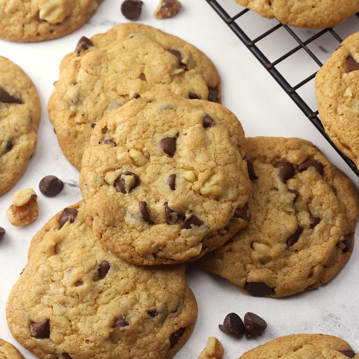 Chocolate chip cookies on a counter.