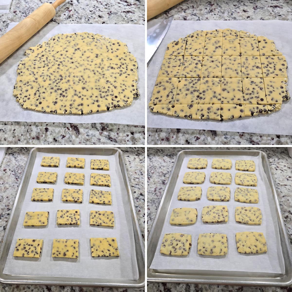 Rolling out chocolate chip shortbread dough, slicing into rectangles, and baking on a cookie sheet.