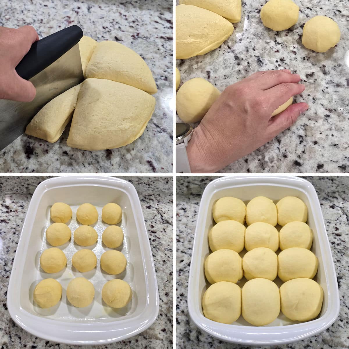 Rolling dinner rolls into balls.
