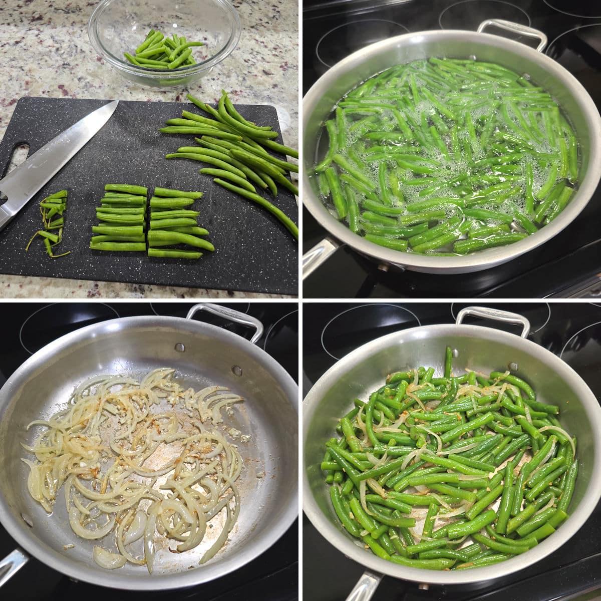 Making green beans and onions.