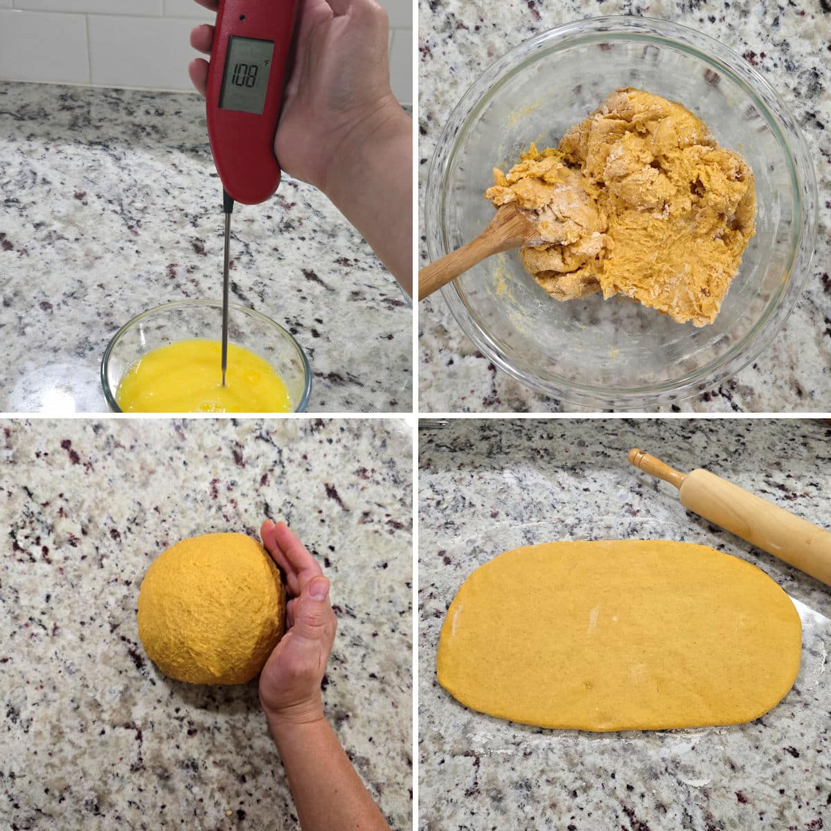 Making pumpkin cinnamon roll dough.