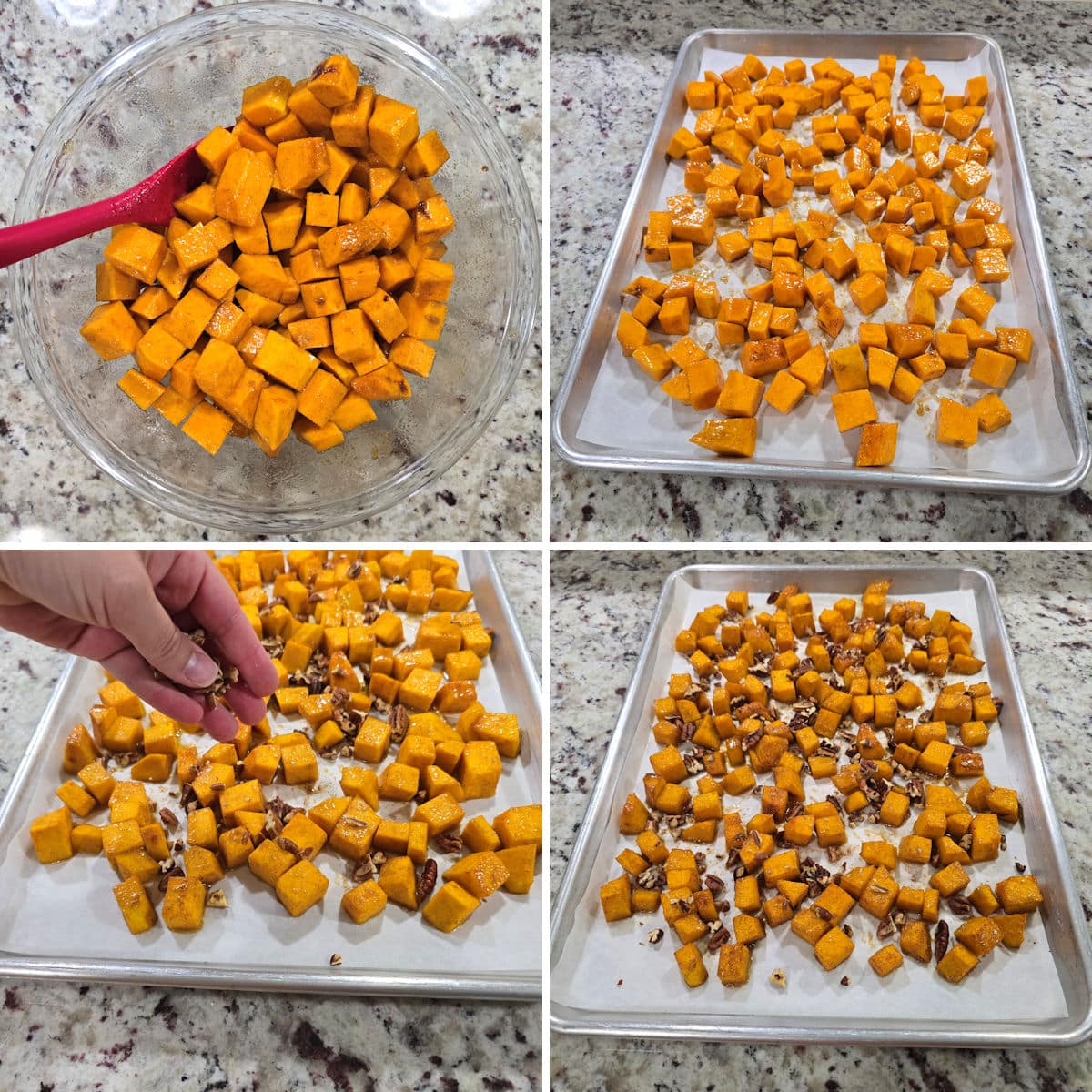 Making roasted butternut squash with brown sugar.