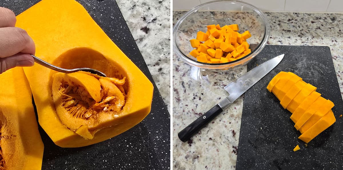 Preparing butternut squash for roasting.