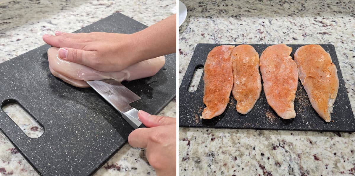 Preparing chicken breasts.