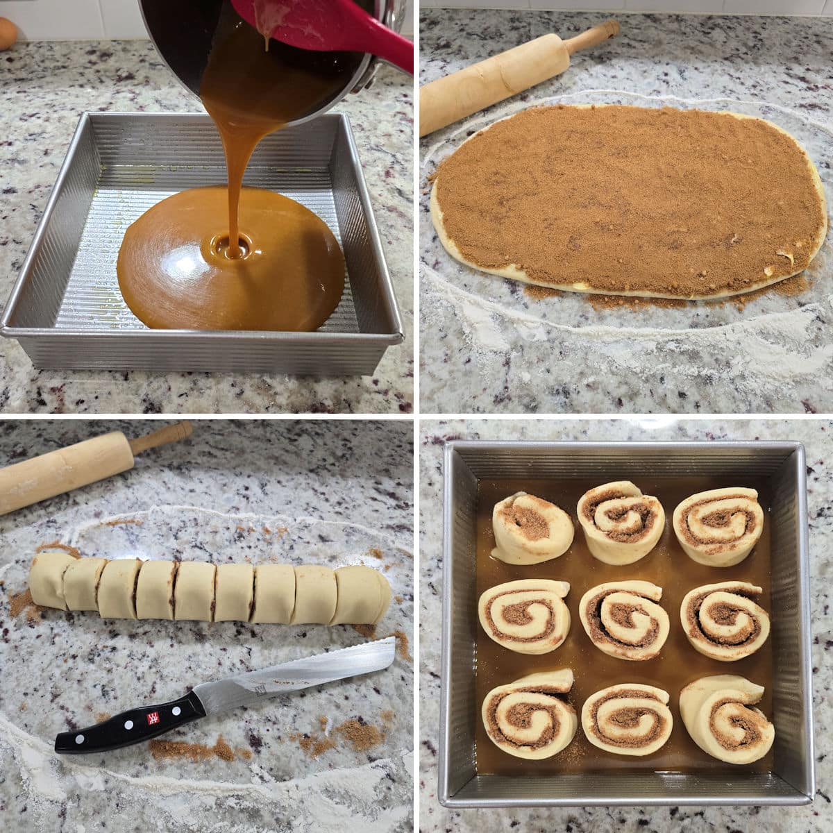 Assembling caramel rolls.
