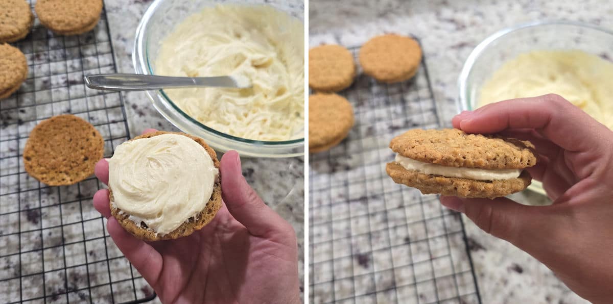 Assembling chai oatmeal sandwich cookies.