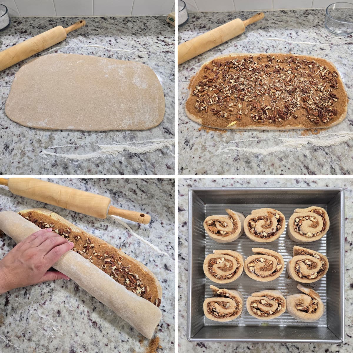 Assembling cinnamon rolls.