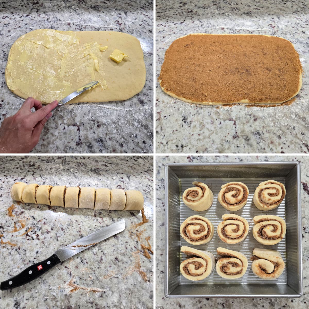 Assembling orange cinnamon rolls.