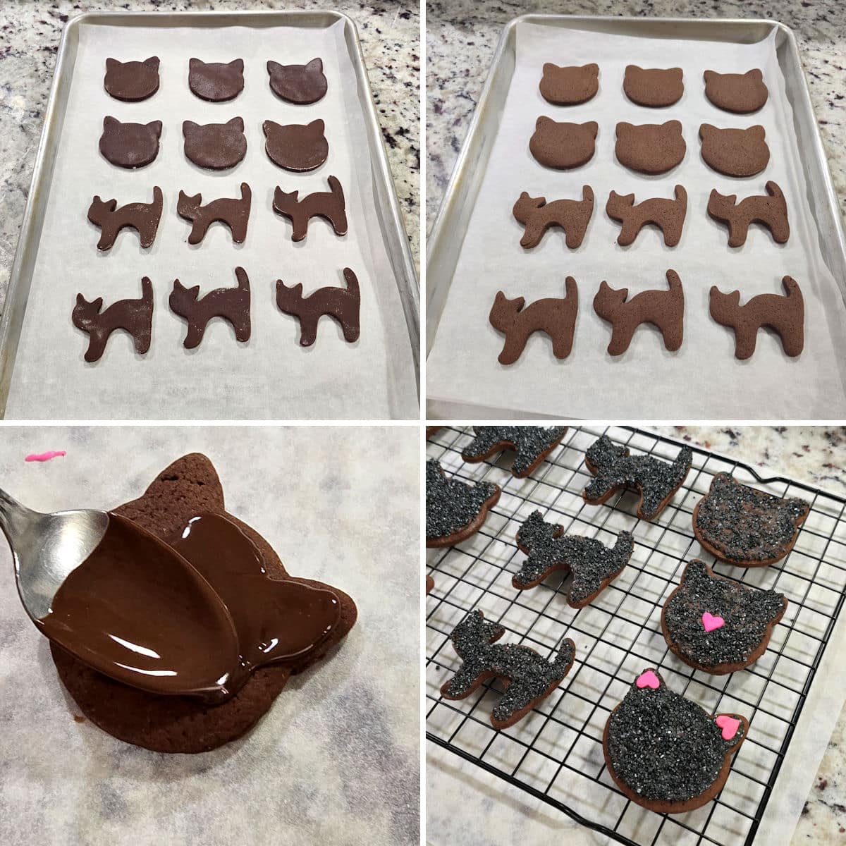 Decorating black cat cookies.
