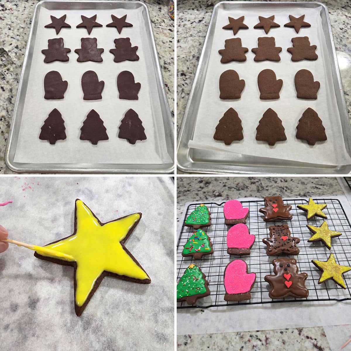 Decorating chocolate cut out cookies.