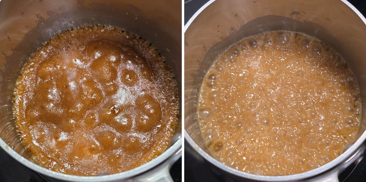Making caramel sauce in a saucepan.