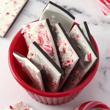 A cup of peppermint bark candy.