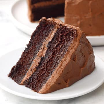 A slice of chocolate layer cake on a white plate.