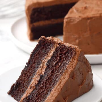 A slice of chocolate layer cake on a white plate.
