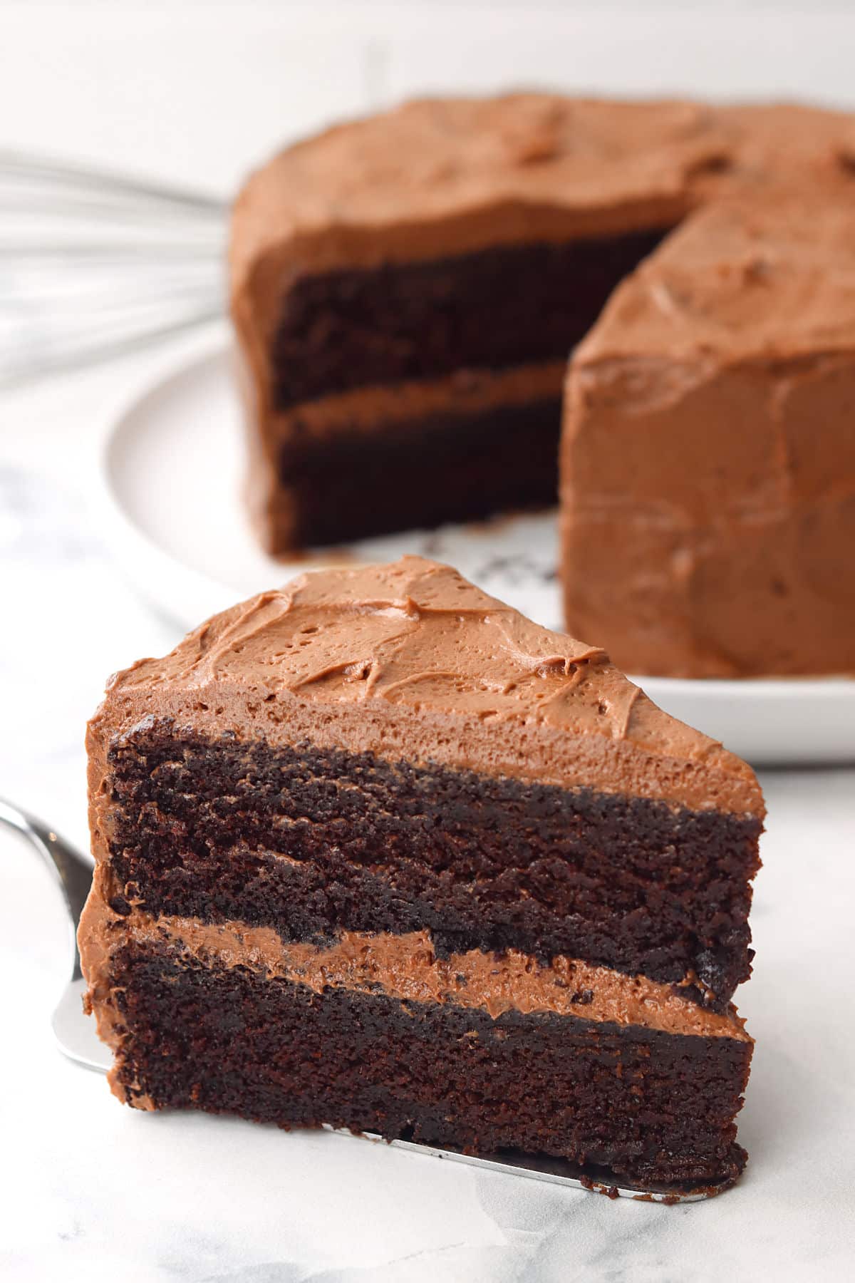 A metal cake server holding a slice of chocolate cake.
