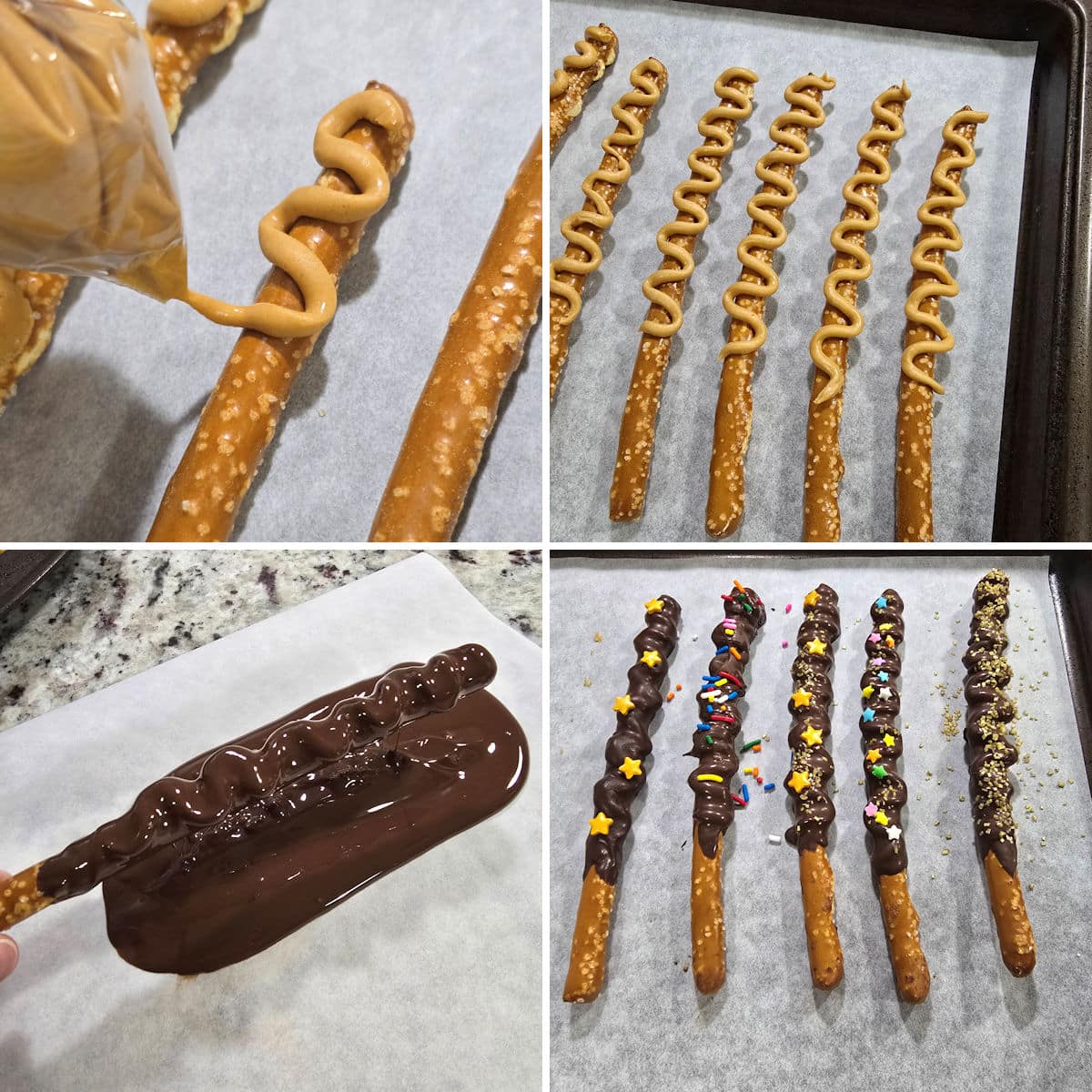 Making pretzel wands on a countertop.