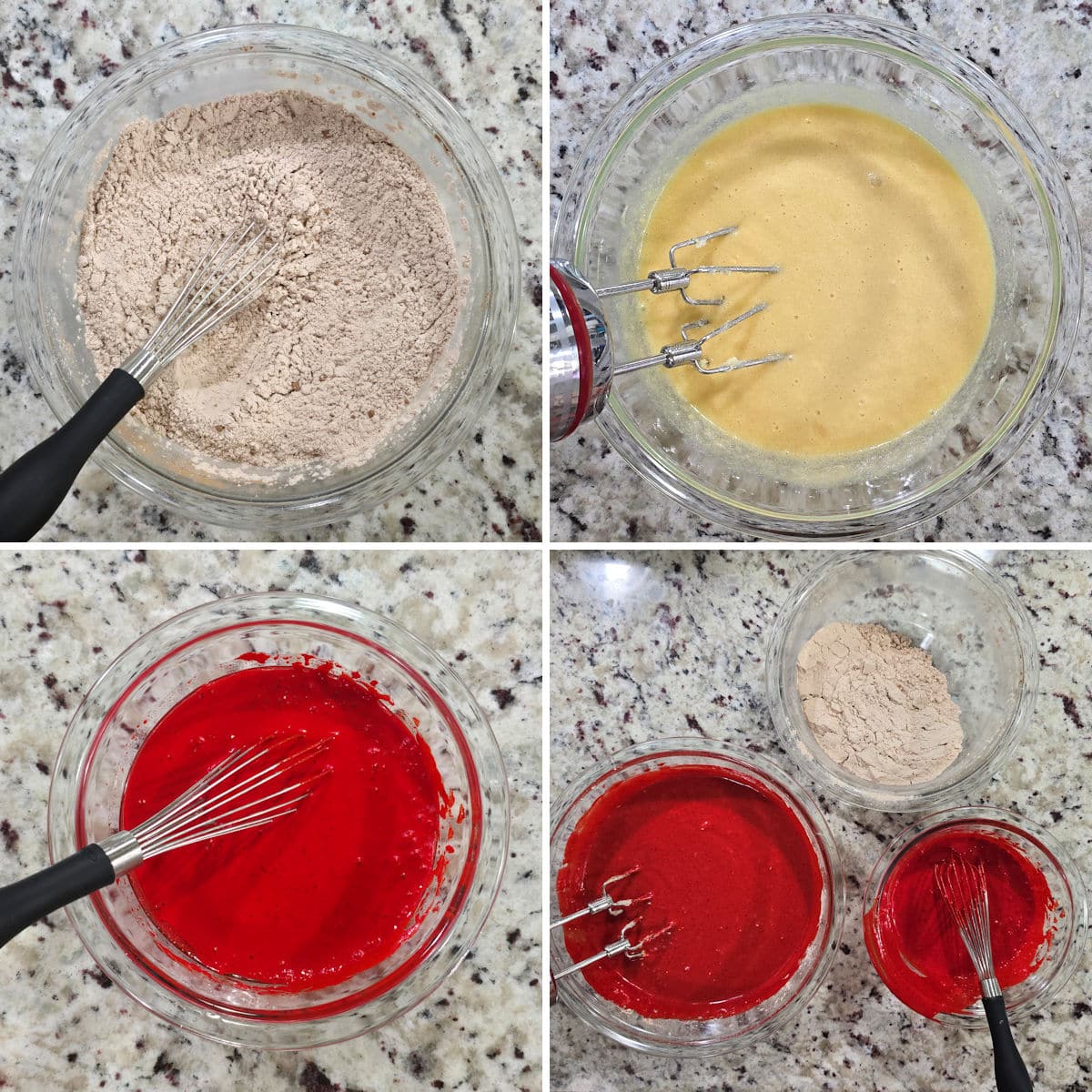 Making red velvet cake batter.