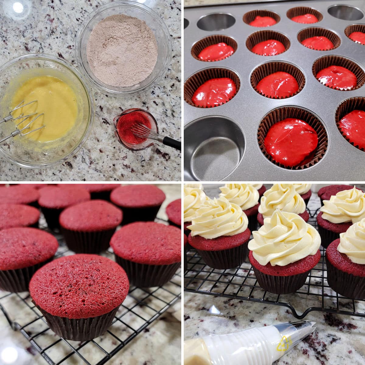Making red velvet cupcakes.