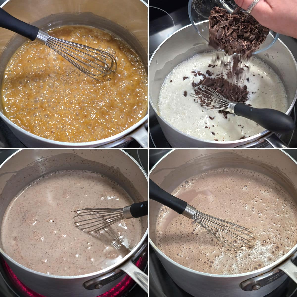 Making salted caramel hot chocolate in a saucepan on the stovetop.