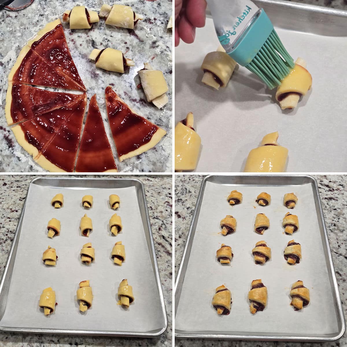 Adding jam, slicing, and rolling dough to make raspberry rugelach.
