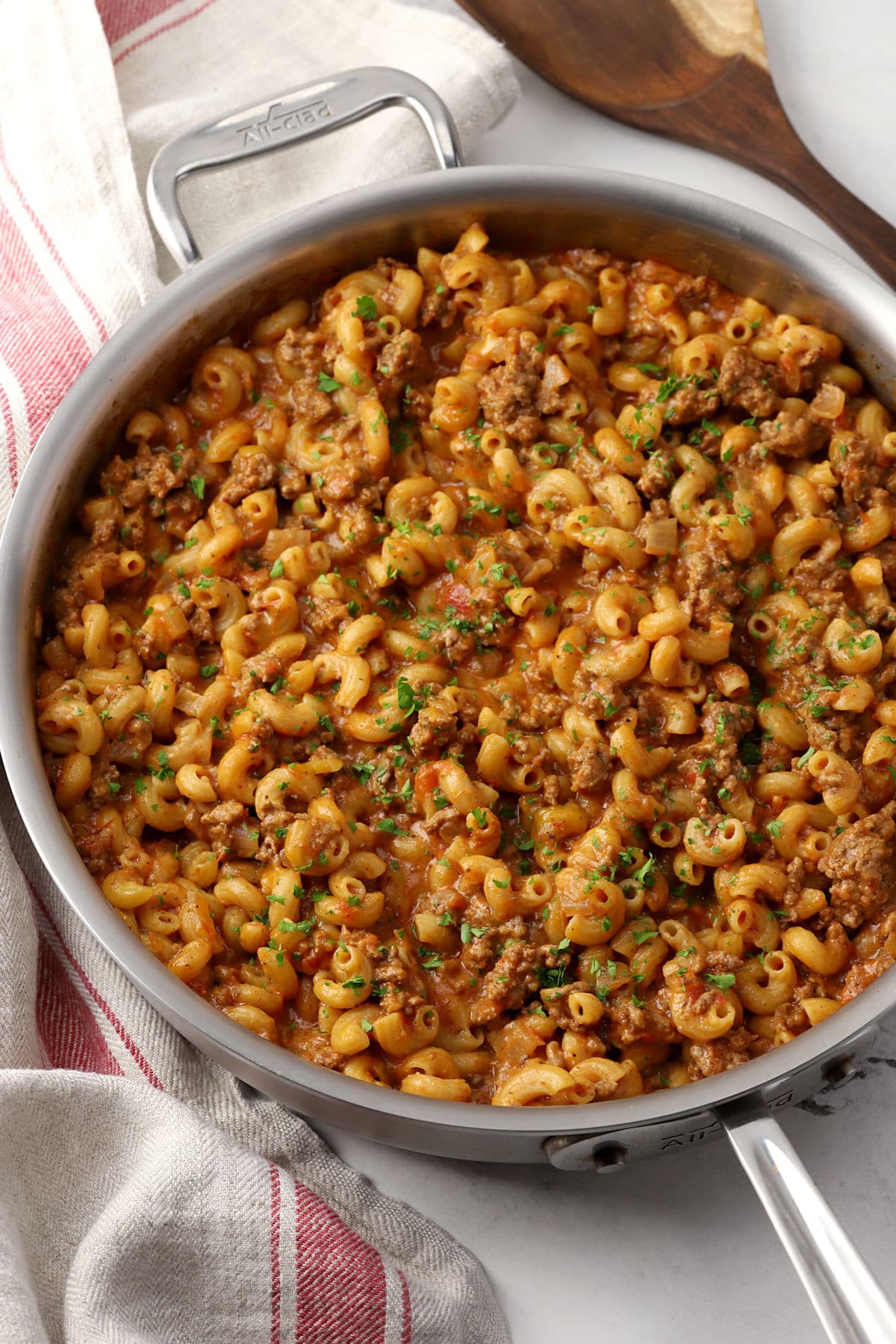 A metal saute pan filled with homemade hamburger helper.