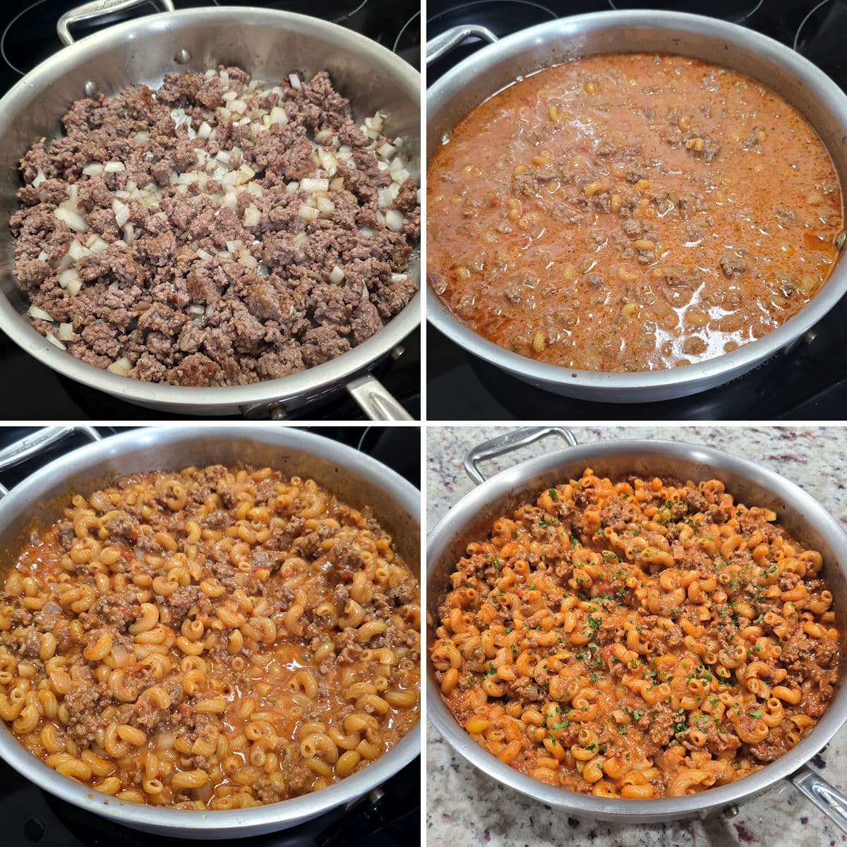 Cooking homemade hamburger helper in a saute pan on the stove top.