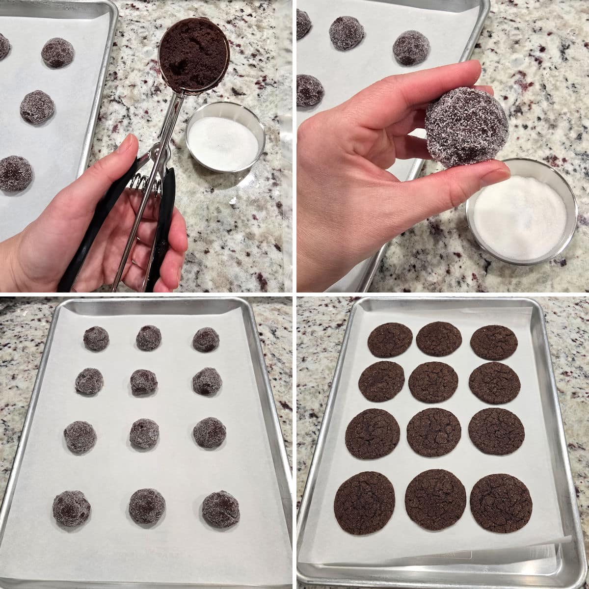 Rolling dough into balls and baking Dutch cocoa cookies.