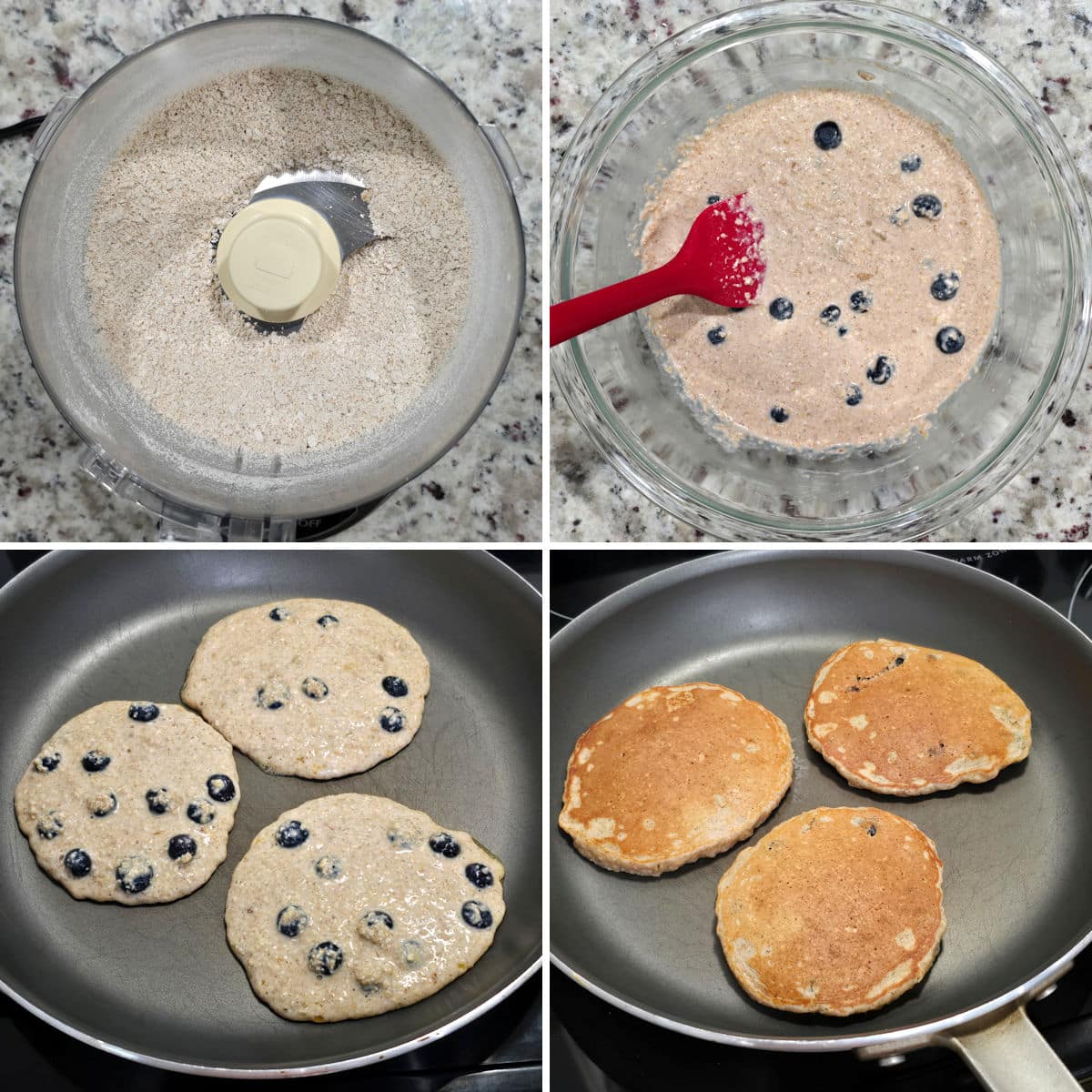 Making blueberry oat pancakes in a nonstick skillet.